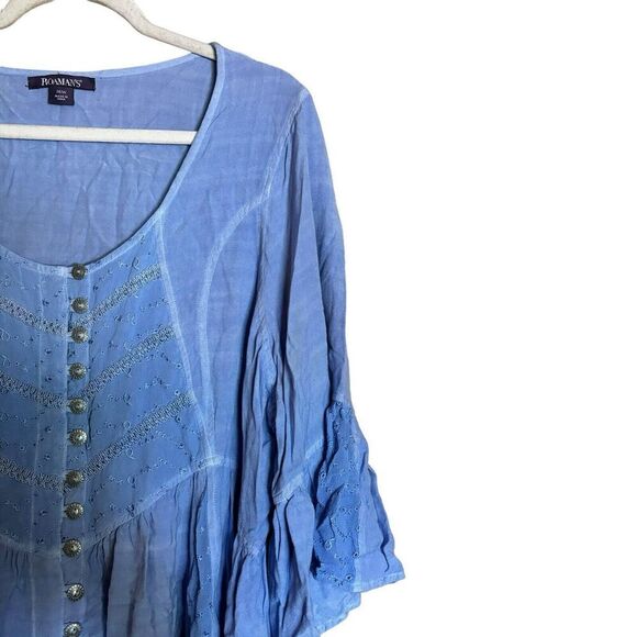 Roamans Top Womens 26W Blue Eyelet Mixed Media Boho Flutter Button Detail Blouse - Picture 4 of 9